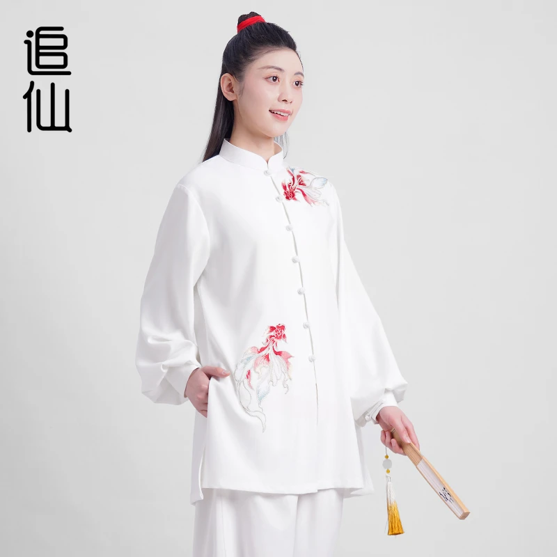 追仙新款春夏秋刺绣演出练功气功比赛垂顺金鱼绣花太极服套装
