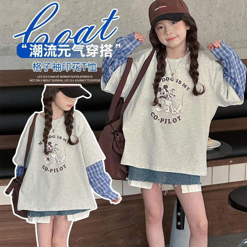 儿童宽松学院风长袖上衣春秋新款女T恤洋气中长款中大童元气打底