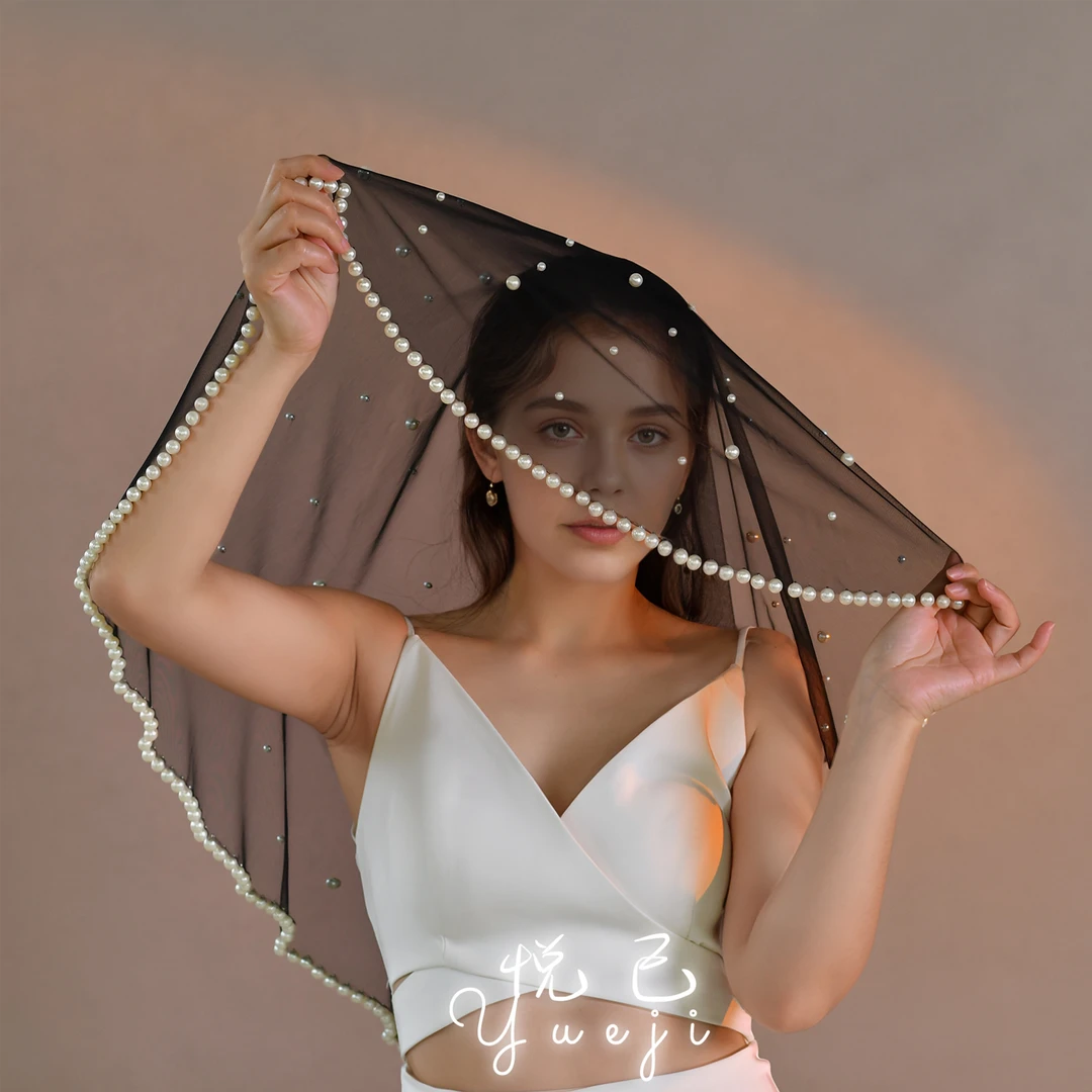 黑色新娘蒙头新款无发梳万圣节头纱求婚约优雅纱巾法式轻奢266