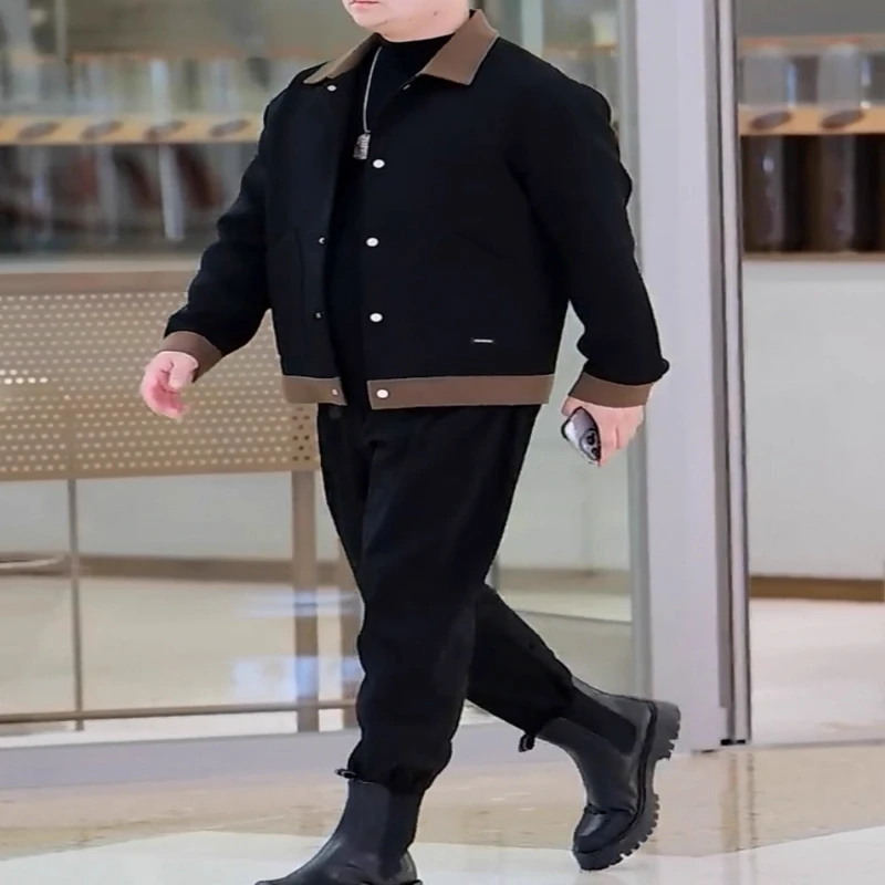 仓石一树春秋季潮流男士大码翻领撞色休闲夹克胖子秋装显瘦穿搭男