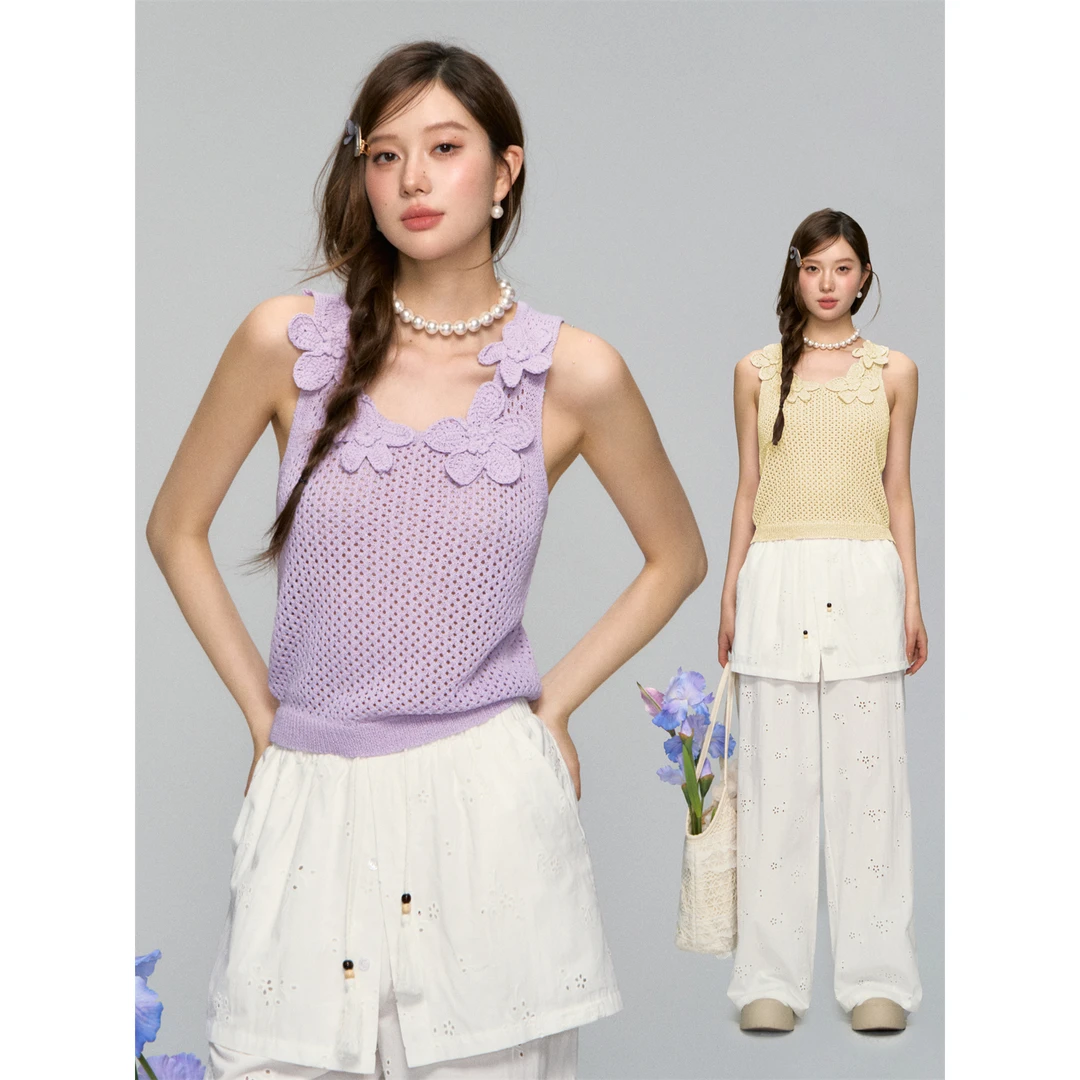 AsGony度假感花朵钩针镂空背心吊带气质镂空百搭无袖上衣女设计感
