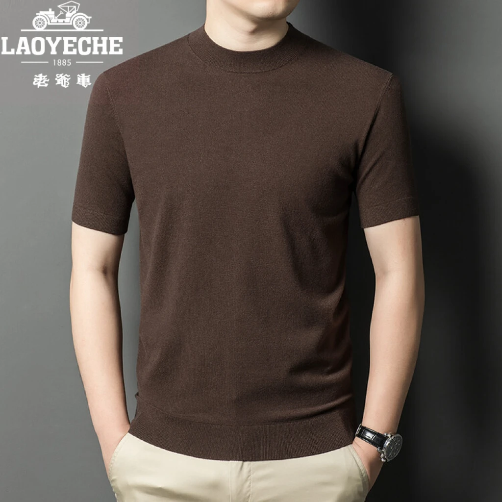 【精纺羊毛短袖】老爷车春秋薄款时尚百搭男士纯色羊毛打底衫短袖男