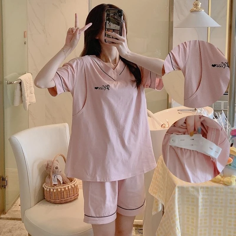 大码带胸垫睡衣女哺乳睡衣棉夏季薄款短袖两件套孕妇装夏天产后月