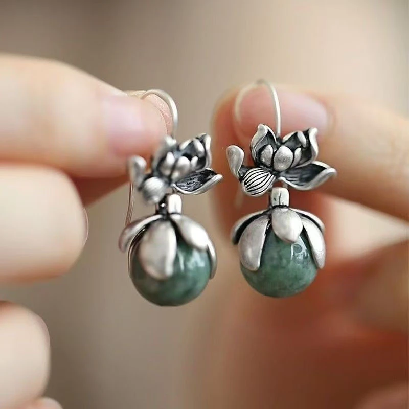2025新款复古新中式莲花耳钩女小众设计好事连连耳环时尚气质耳饰