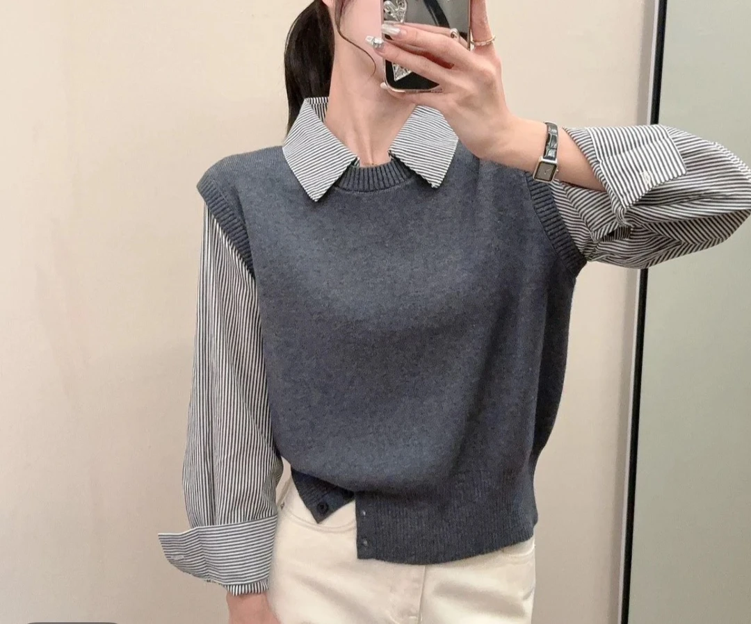 飞飞家~港风气质高级感！线下订单版！衬衫拼接针织衫Y7829灰