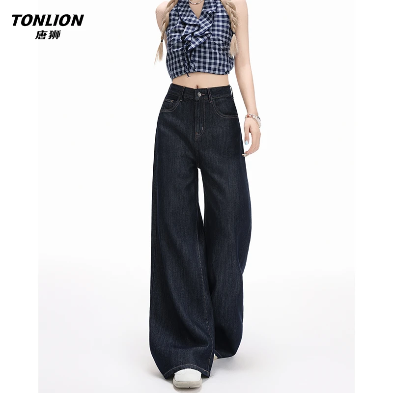 唐狮美式复古深蓝高腰阔腿牛仔裤女2025秋宽松显瘦自然垂感直筒裤