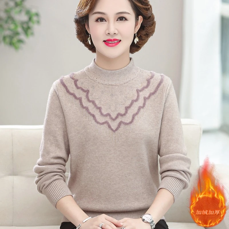 妈妈装冬季加绒加厚毛衣打底衫奶奶保暖上衣中老年女秋冬款针织衫