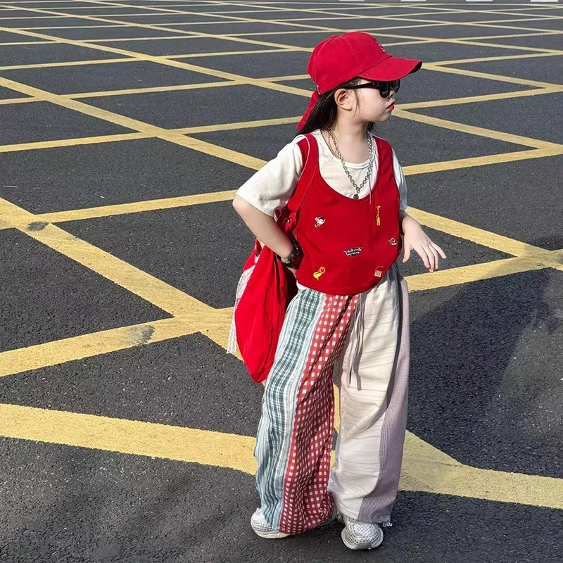 女童慵懒风拼接条纹格子阔腿裤夏季套装2025新款儿童韩版休闲裤潮