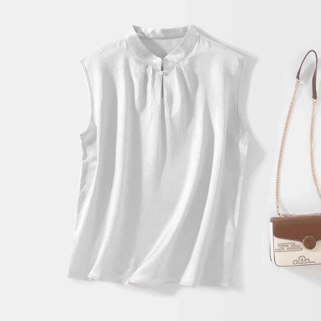 100桑蚕丝珍珠缎轻国风立领无袖小背心