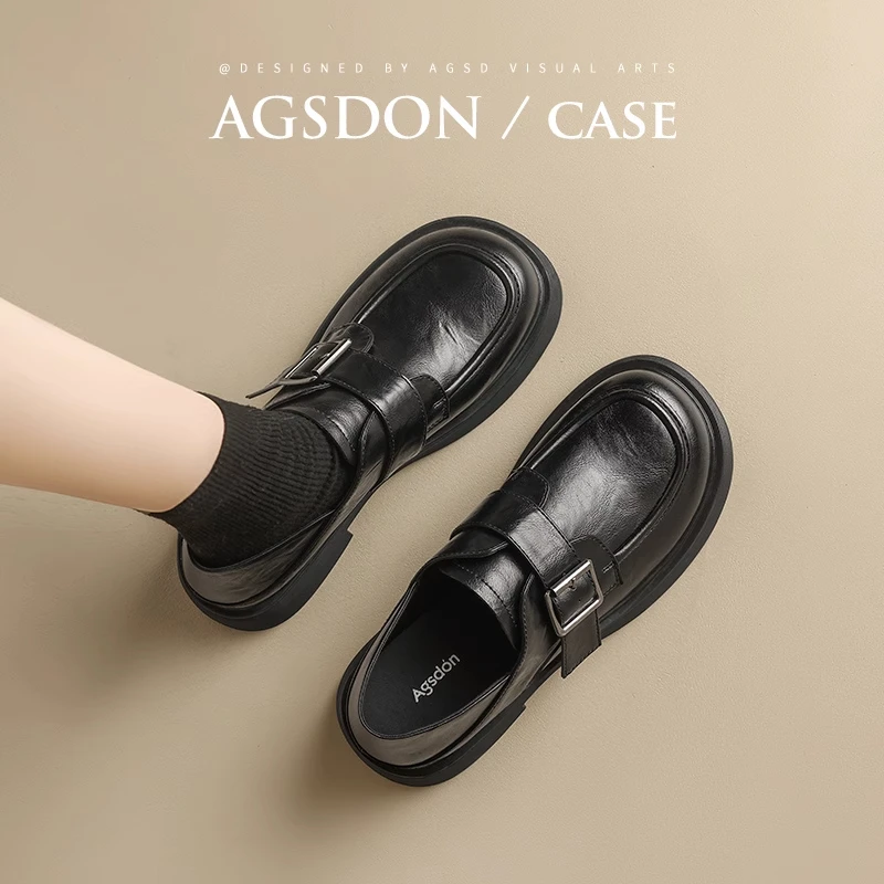 奥古狮登厚底乐福鞋女2024春季新款黑色英伦风jk休闲通勤小皮鞋子