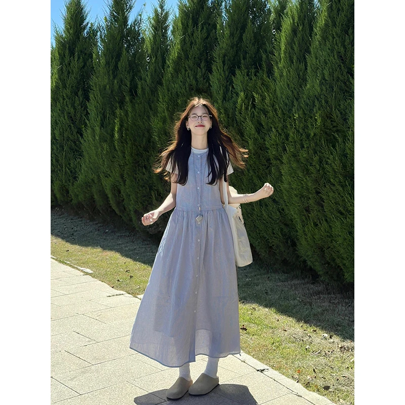韩系气质显瘦衬衫裙夏日温柔清新蓝色连衣裙减龄氛围感短袖长裙子