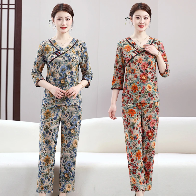 中式妈妈装夏季七分袖两件套宽松休闲民族风洋气碎花大码套装