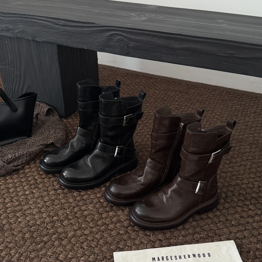 BAO/宝小姐2025休闲低跟牛皮皮带扣女秋冬马丁靴复古潮靴988-20