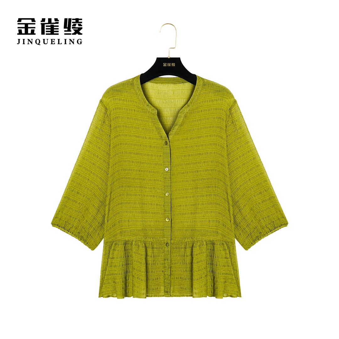 金雀绫【花漾之恋】桑蚕丝夏季V领时尚百搭宽松小衫AS6169