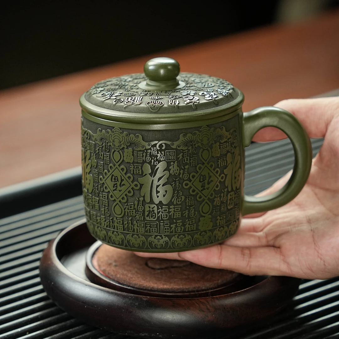 宜兴全手工紫砂茶具原矿绿泥刻绘百福紫砂盖杯