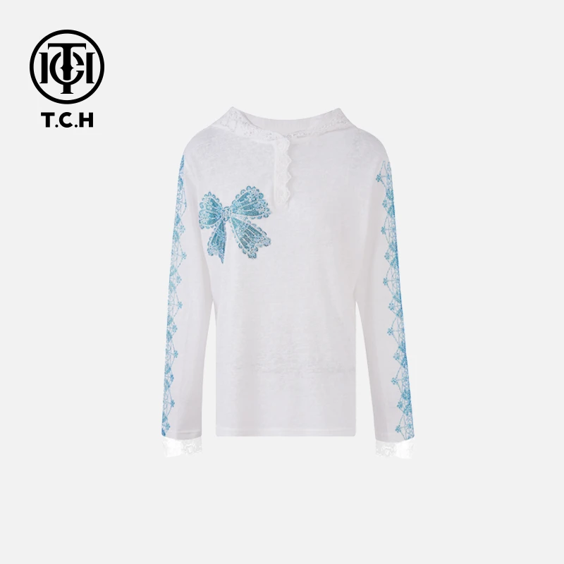 已下架私服烫钻蕾丝高级感百搭蝴蝶打底针织衫女T75A02E5033轻奢t