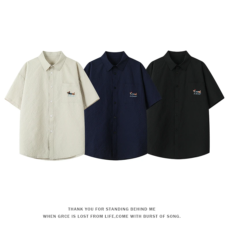 MTVO高级感男装泡泡纱刺绣腊肠狗短袖衬衫夏季宽松翻领衬衫外套