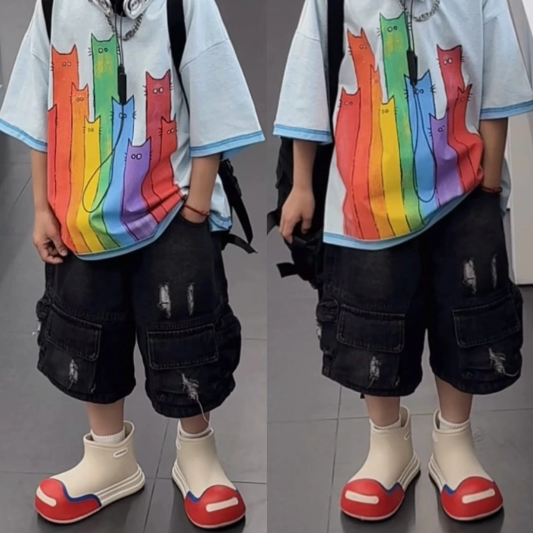 乐乐家儿童美式复古多口袋磨破工装牛仔短裤夏款重工宽松中裤