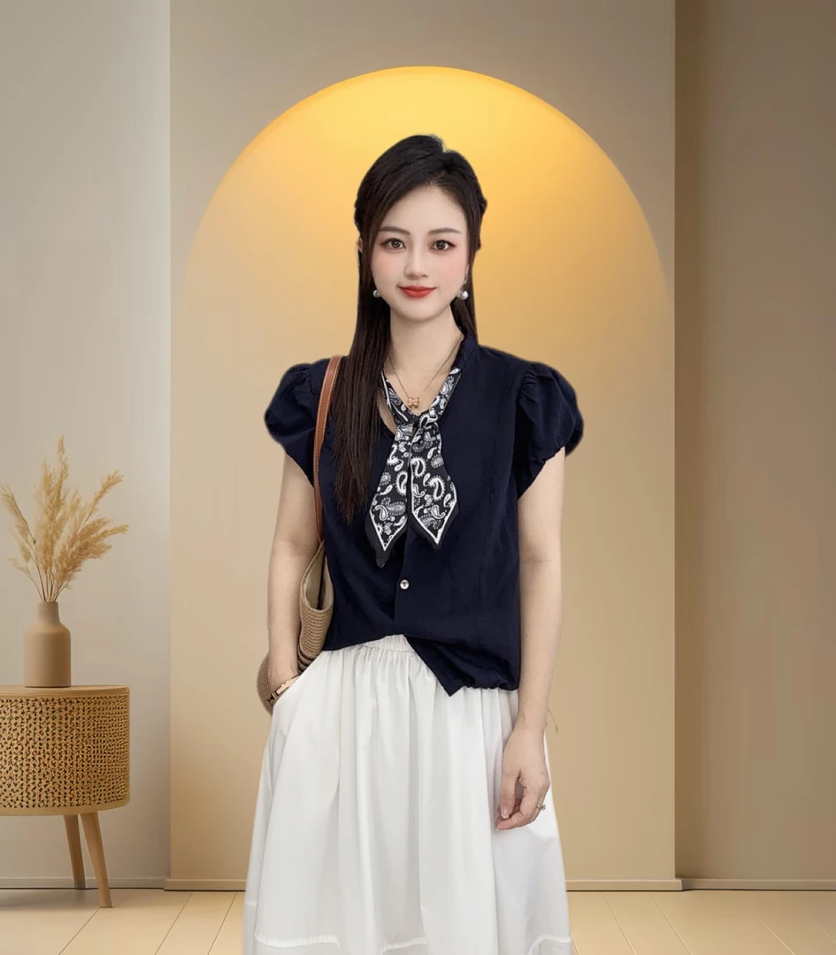 夏款衬衫领丝巾设计感时尚百搭半袖显瘦上衣女 829