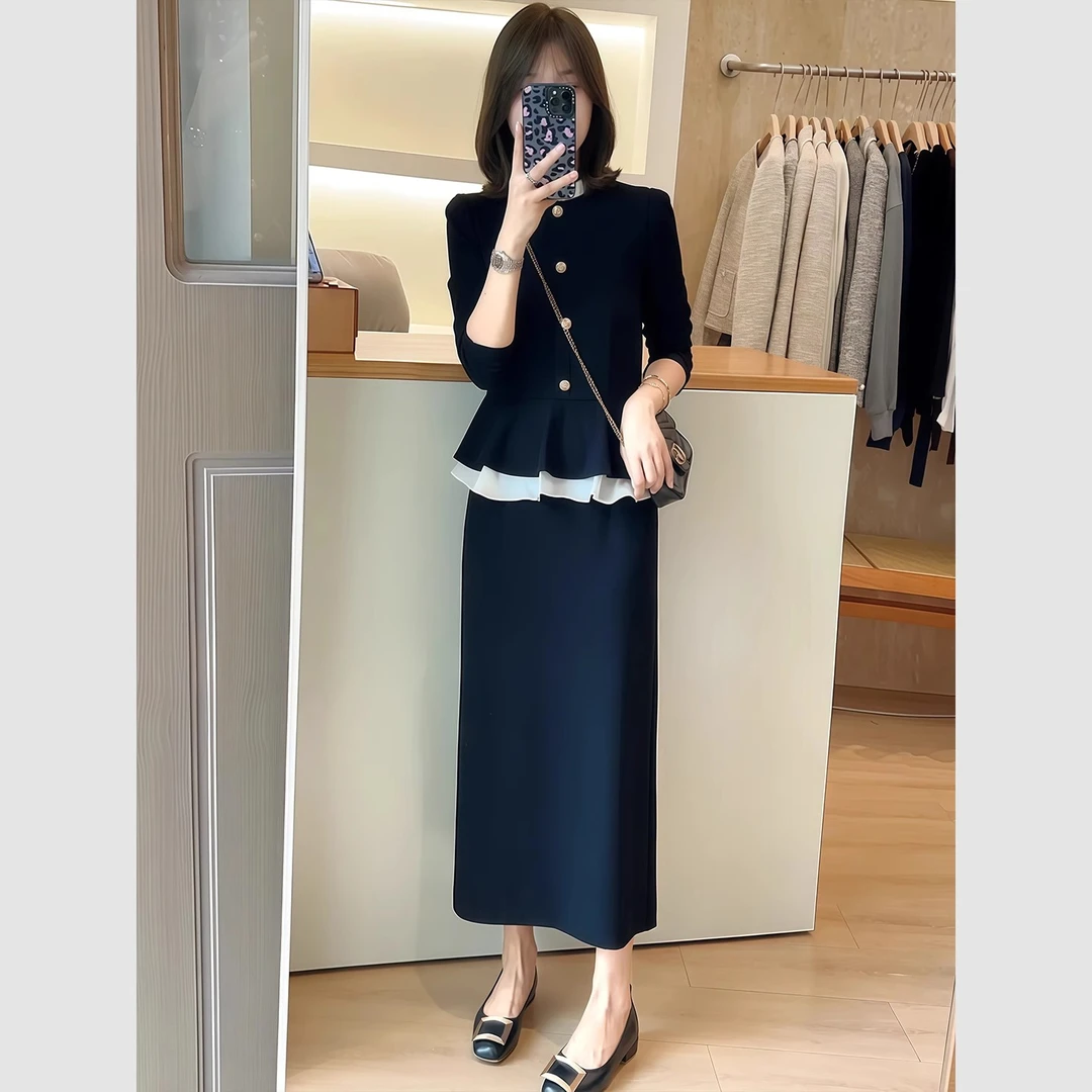 大码秋流行穿搭高级感气质下摆荷叶边长袖上衣高腰显瘦半身裙套装