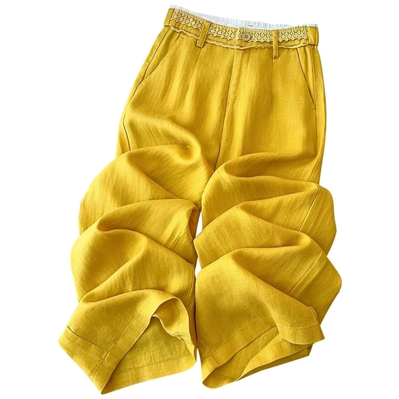 黄色天丝亚麻阔腿裤女夏季薄款2025慵懒风休闲裤蕾丝棉麻直筒裤子
