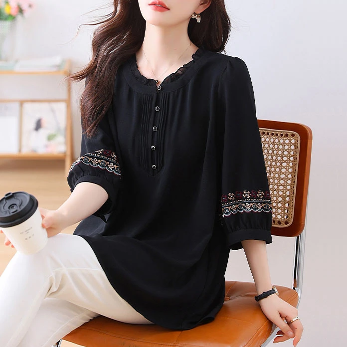 时尚七分袖宽松型雪纺衫纯色显瘦气质名媛遮肚子妈妈装夏季