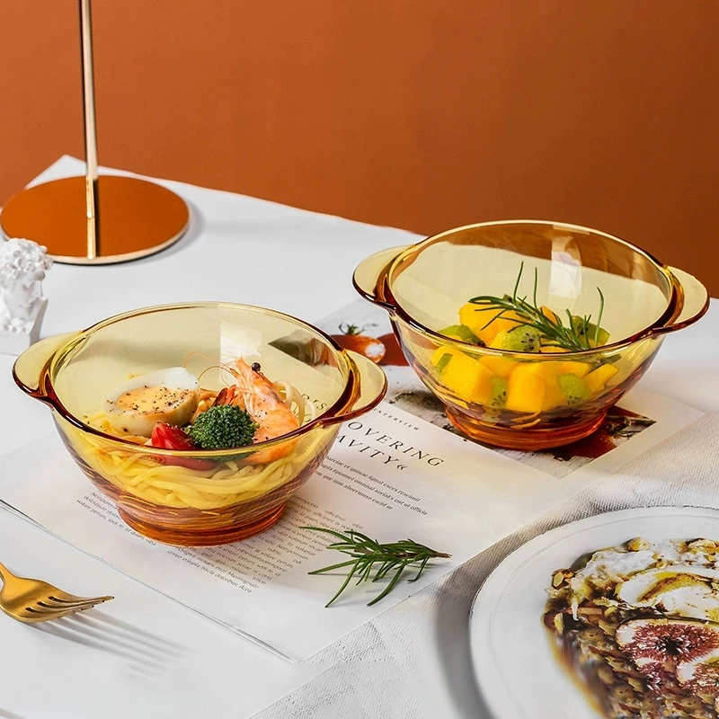 玻璃琥珀色双耳玻璃碗水果沙拉碗家用酸奶甜品碗早餐燕麦碗两只装
