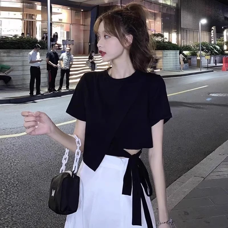 黑色修身短款不规则上衣女装夏季设计感小众绑带高腰短袖T恤女潮