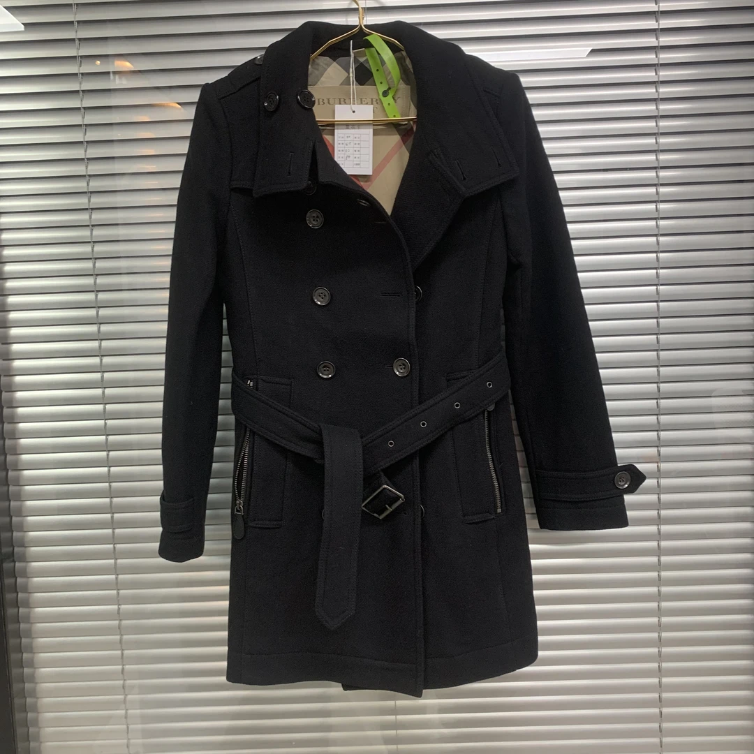 99新 BURBERRY/博柏利 黑色双排扣大衣/UK8码/C01292
