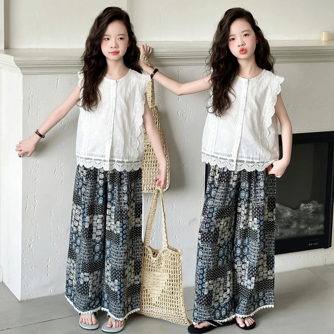 女童套装夏装2025新款儿童森系娃娃衫显瘦中大童薄款阔腿裤两件套