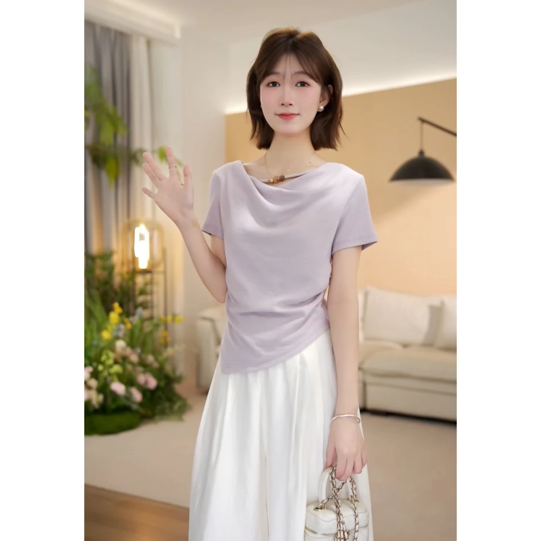 （周周小个子）夏季显瘦不规则短款小众设计感气质百搭上衣-2215