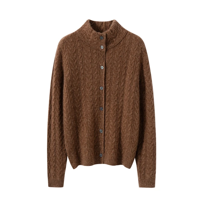 秋冬新款半高领麻花100%纯山羊绒开衫女加厚休闲针织毛衣外套