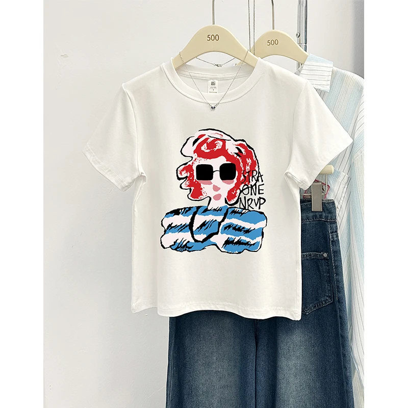 2025夏季新款正肩短袖T恤大码女装韩版时尚卡通印花圆领显瘦上衣