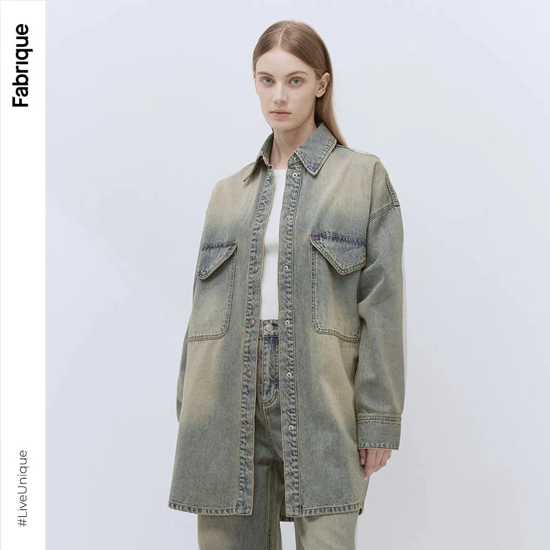 Fabrique废土风泥染做旧廓形衬衫丹宁风宽松牛仔衬衫女159