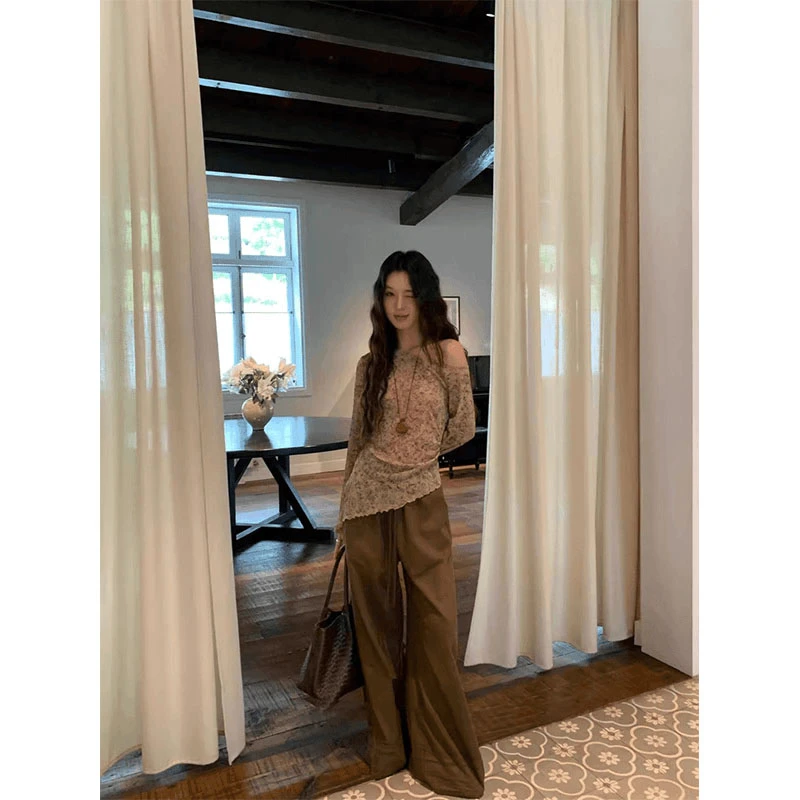 独特漂亮小衫辣妹套装晕染不规则长袖针织衫秋季抽绳休闲裤两件套