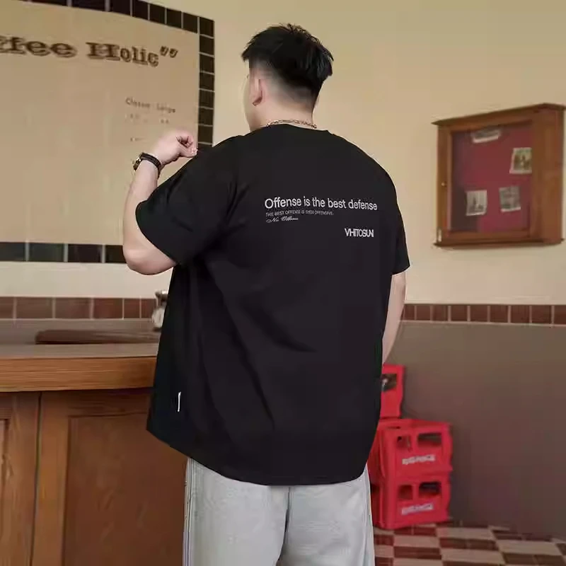 潮牌大码男装夏季纯棉胖子宽松加肥加大半袖圆领套头印花短袖T恤