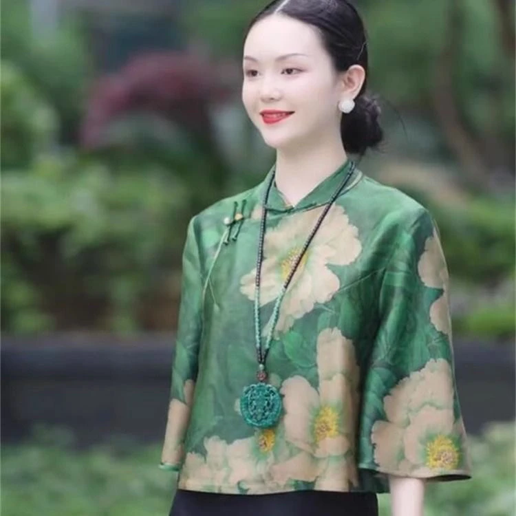 中式国风香云缎面牡丹印花七分袖短外套2025春夏新款傣味上衣