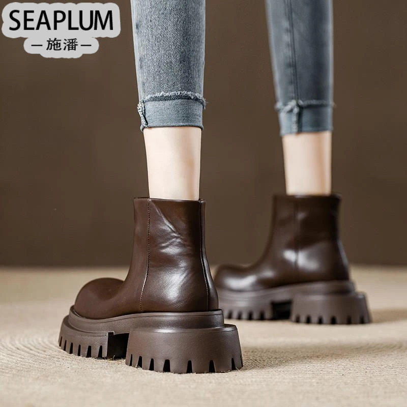 SEAPLUM厚底真皮马丁靴女2025新款短靴大头切尔西靴