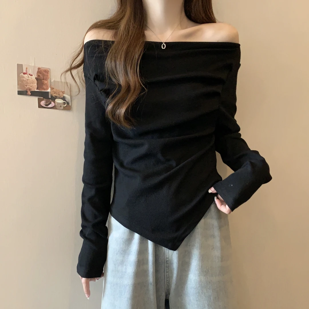 大码女装胖mm春季新款2025不规则露肩长袖显瘦一字肩打底衫上衣潮