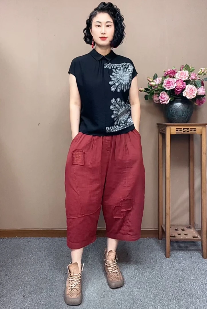 ZX2233夏季宽松遮肉新中式两面穿小衫休闲百搭大码七分裤两件套