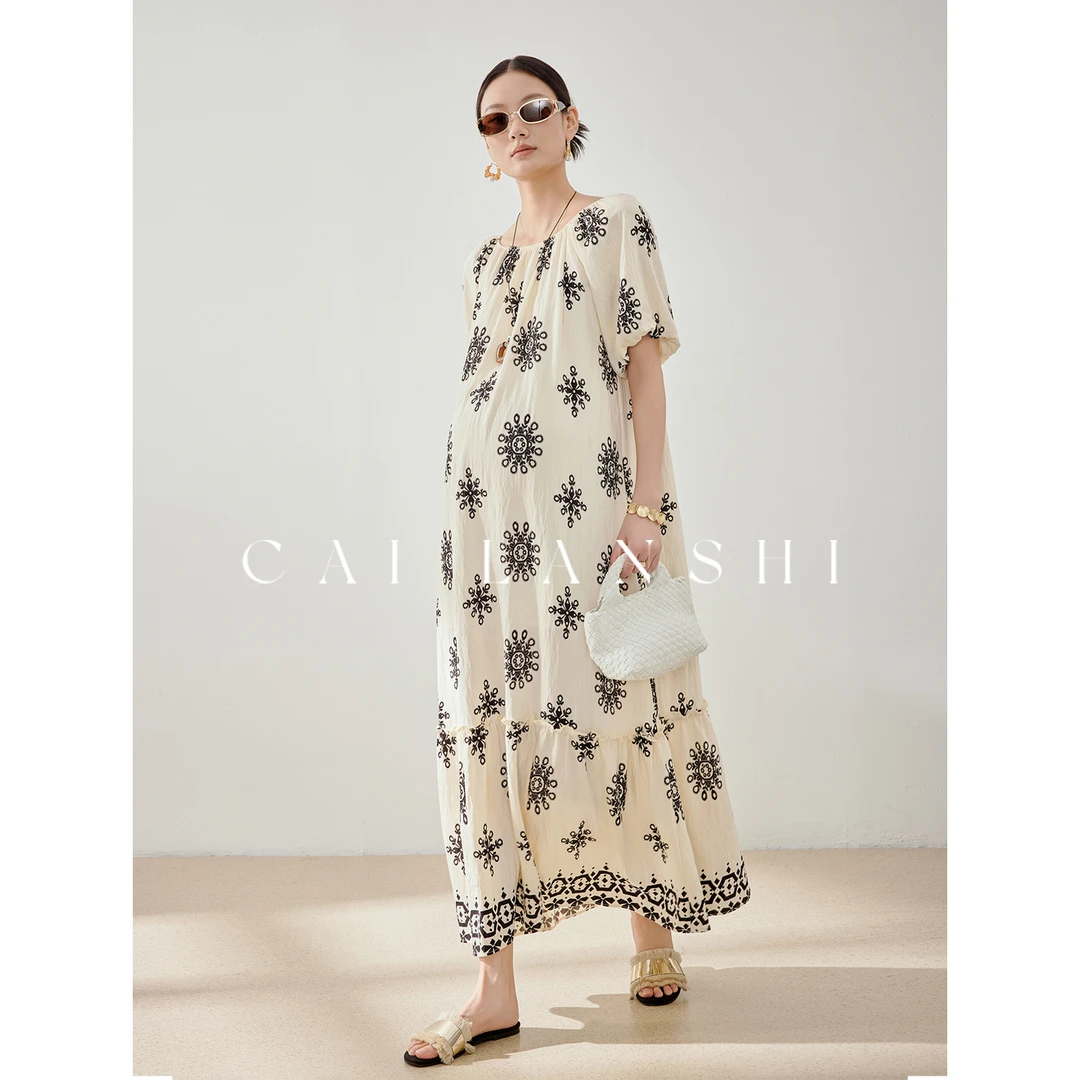 彩蓝诗孕妇装夏甜美慵懒小众设计感工艺提花圆领宽松连衣裙50521