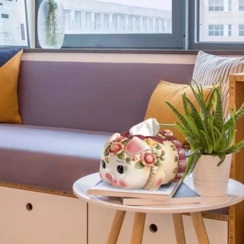 欧式田园猪猪纸巾盒陶瓷彩绘摆件