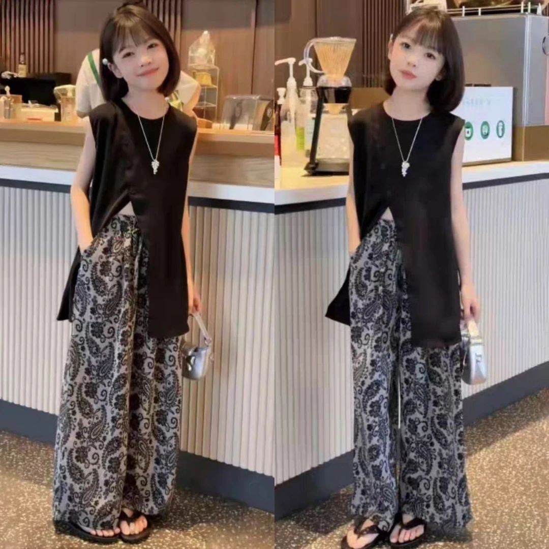 女童无袖套装2025新款慵懒风复古气质时尚阔腿裤两件套CSC2269