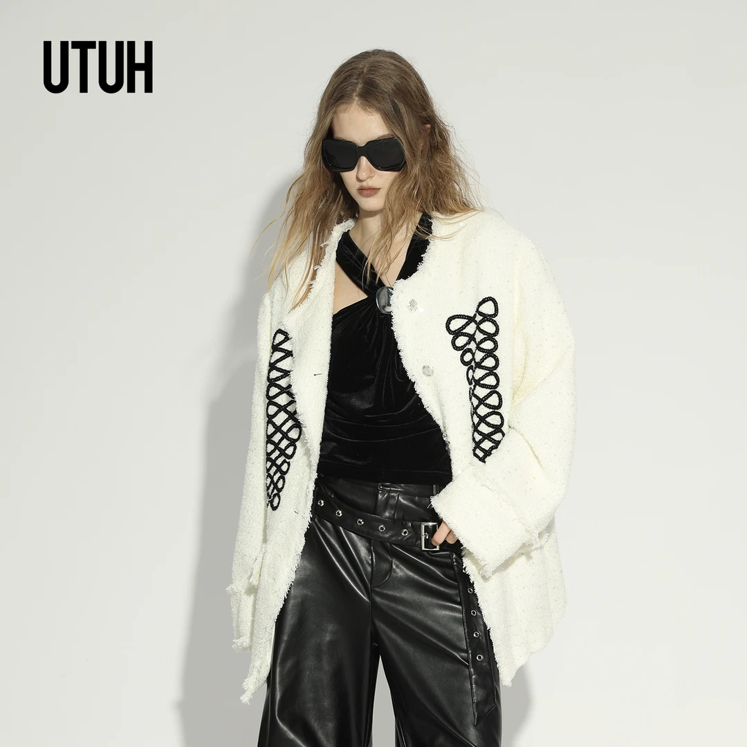 UTUH白色珠片毛呢宽松女士西装外套女精致重工银葱盘绣TDWWA2W336