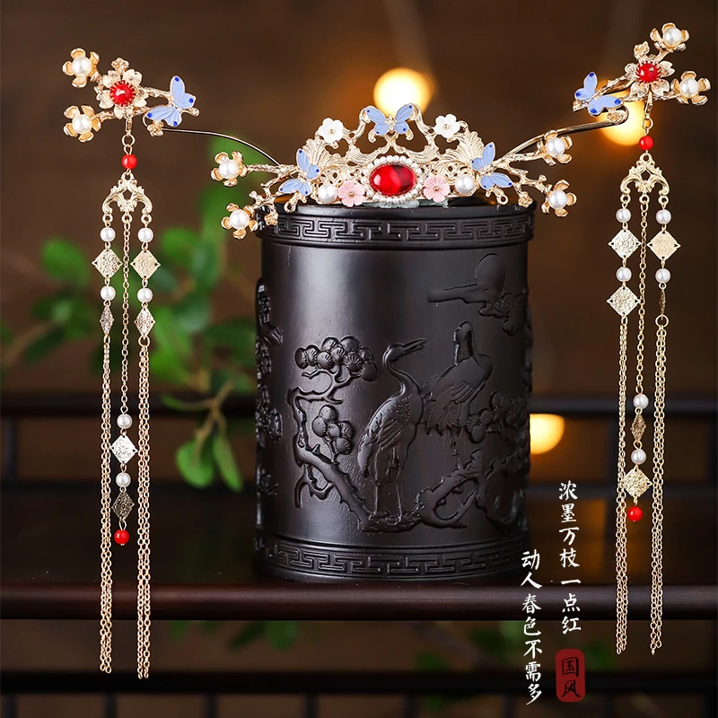 烧蓝头饰套装景泰蓝步摇发簪明制发冠女汉服发饰古风发钗