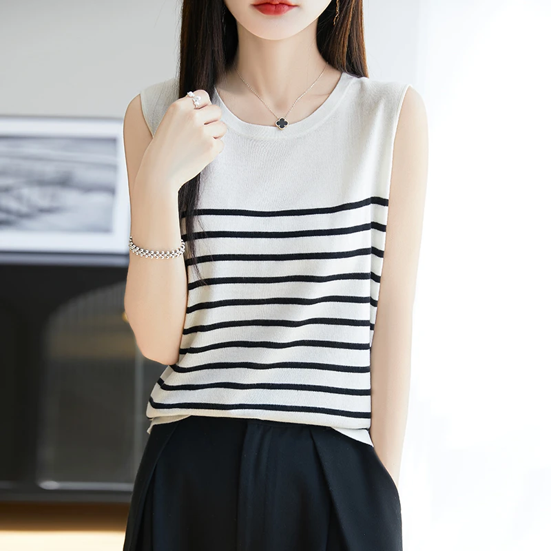 新款条纹宽松无袖吊带背心女夏含桑蚕丝外穿内搭打底T恤上衣薄款