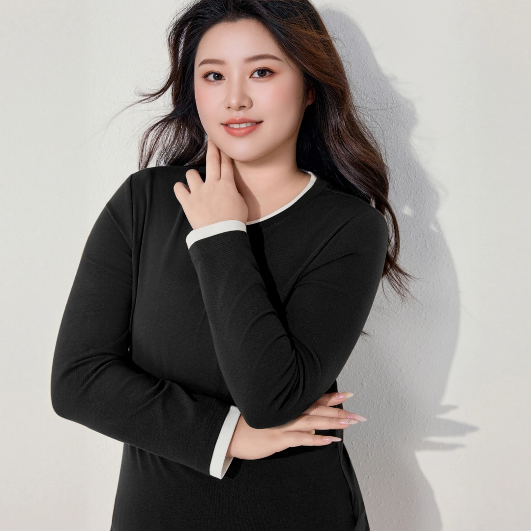 MsShe大码女装时尚假两件撞色双层显瘦正肩长袖T恤打底衫M2509047