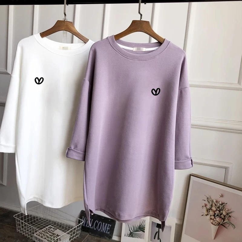 磨毛加厚纯棉长袖T恤女春秋韩版潮宽松中长款包臂内搭打底衫上衣