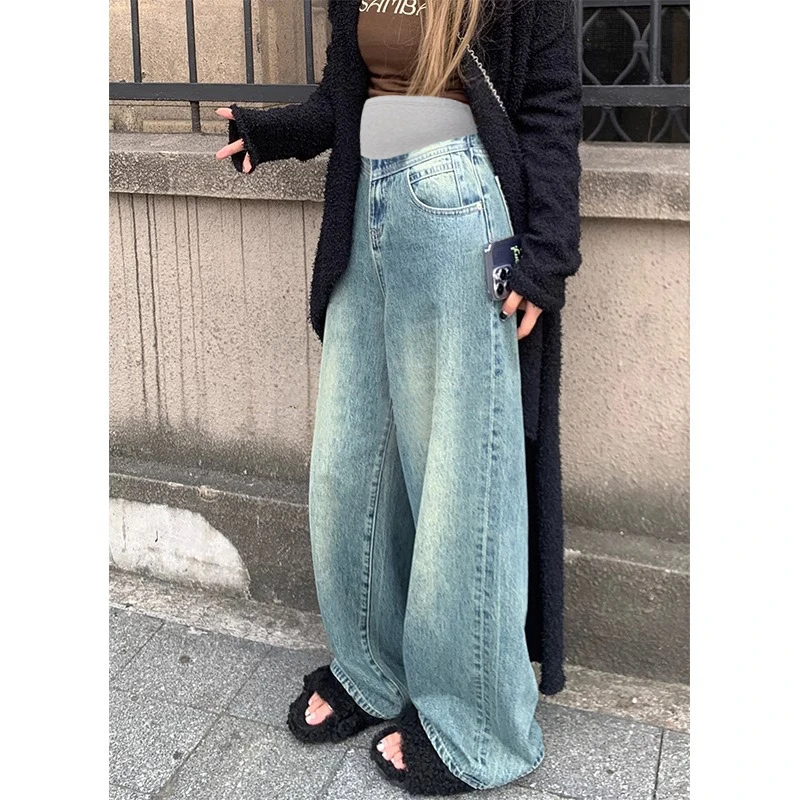 大阔腿孕妇牛仔裤2025新款复古托腹休闲宽松春秋季外穿拖地长裤子