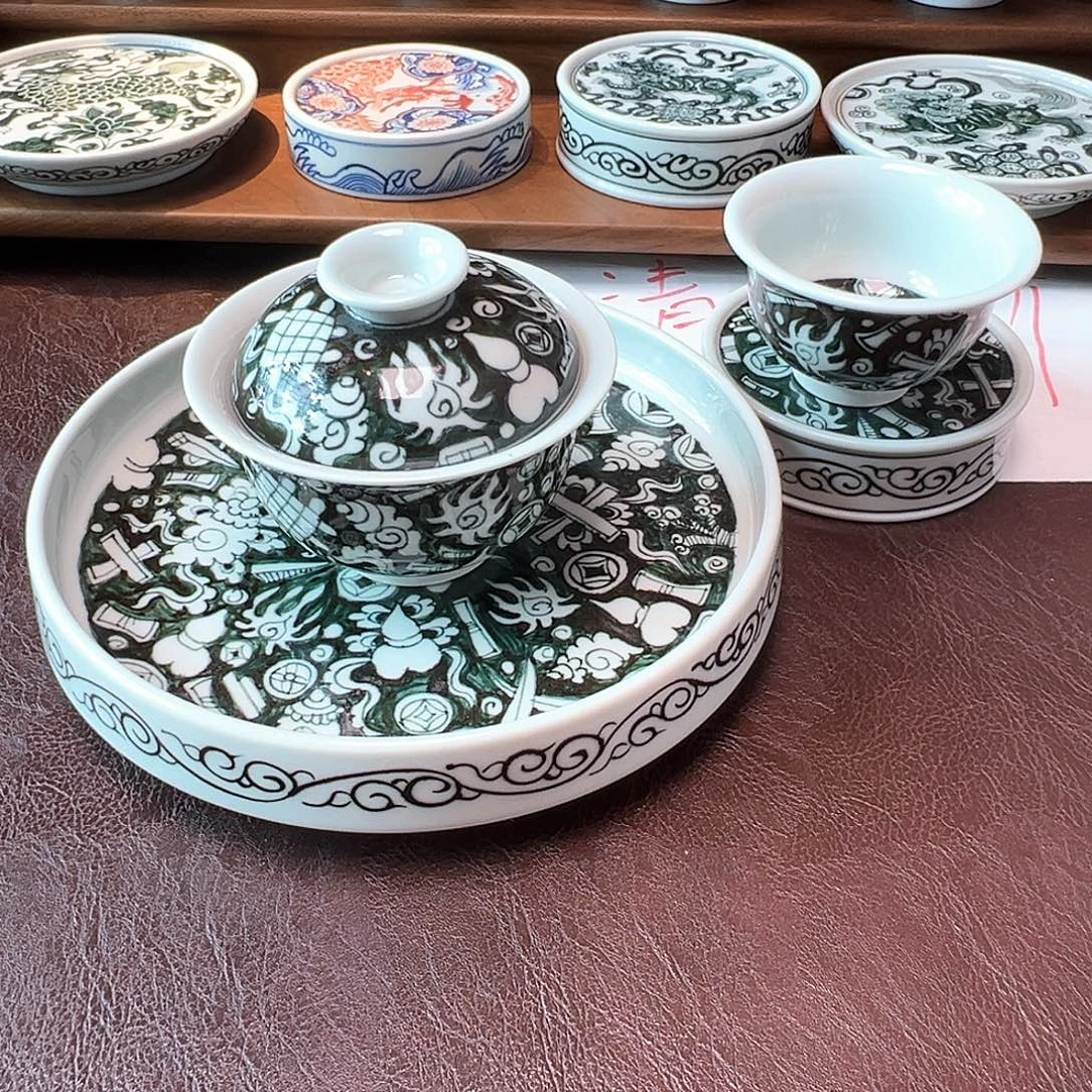 摆件景德镇手绘郎窑绿茶具套组清货价